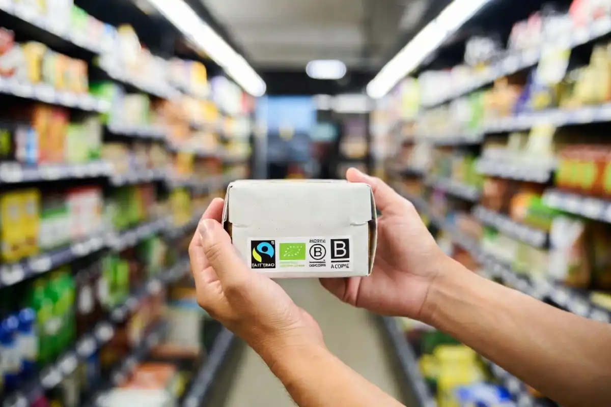 Person reading product certifications while using ethical shopping guides