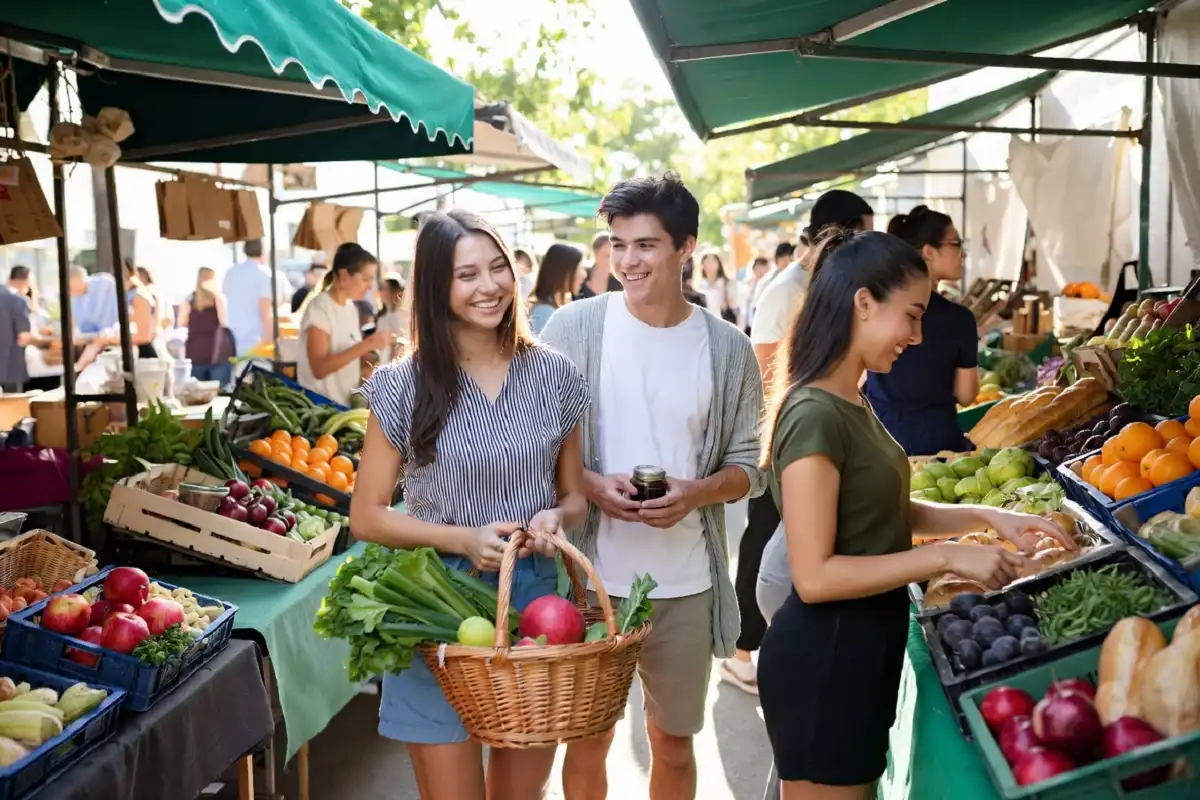 People shopping together at a farmers market guided by ethical shopping practices