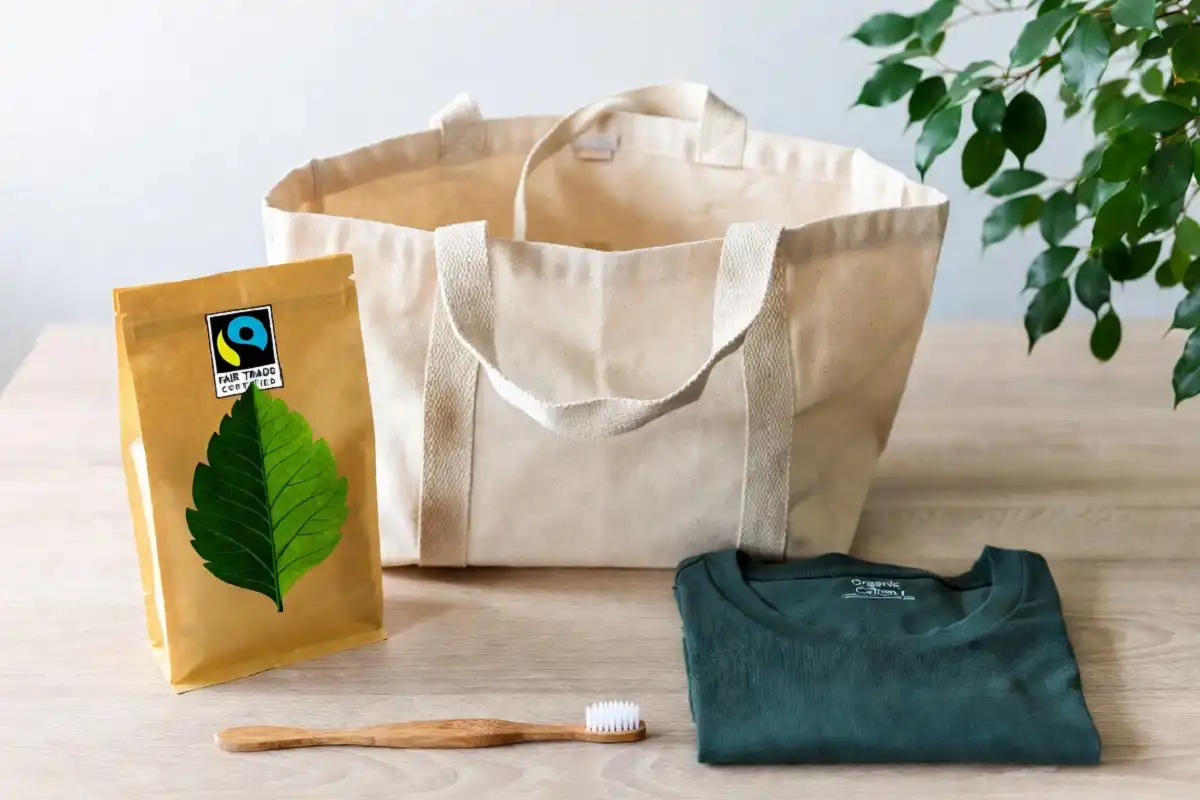 Flat lay of sustainable products representing ethical shopping guides