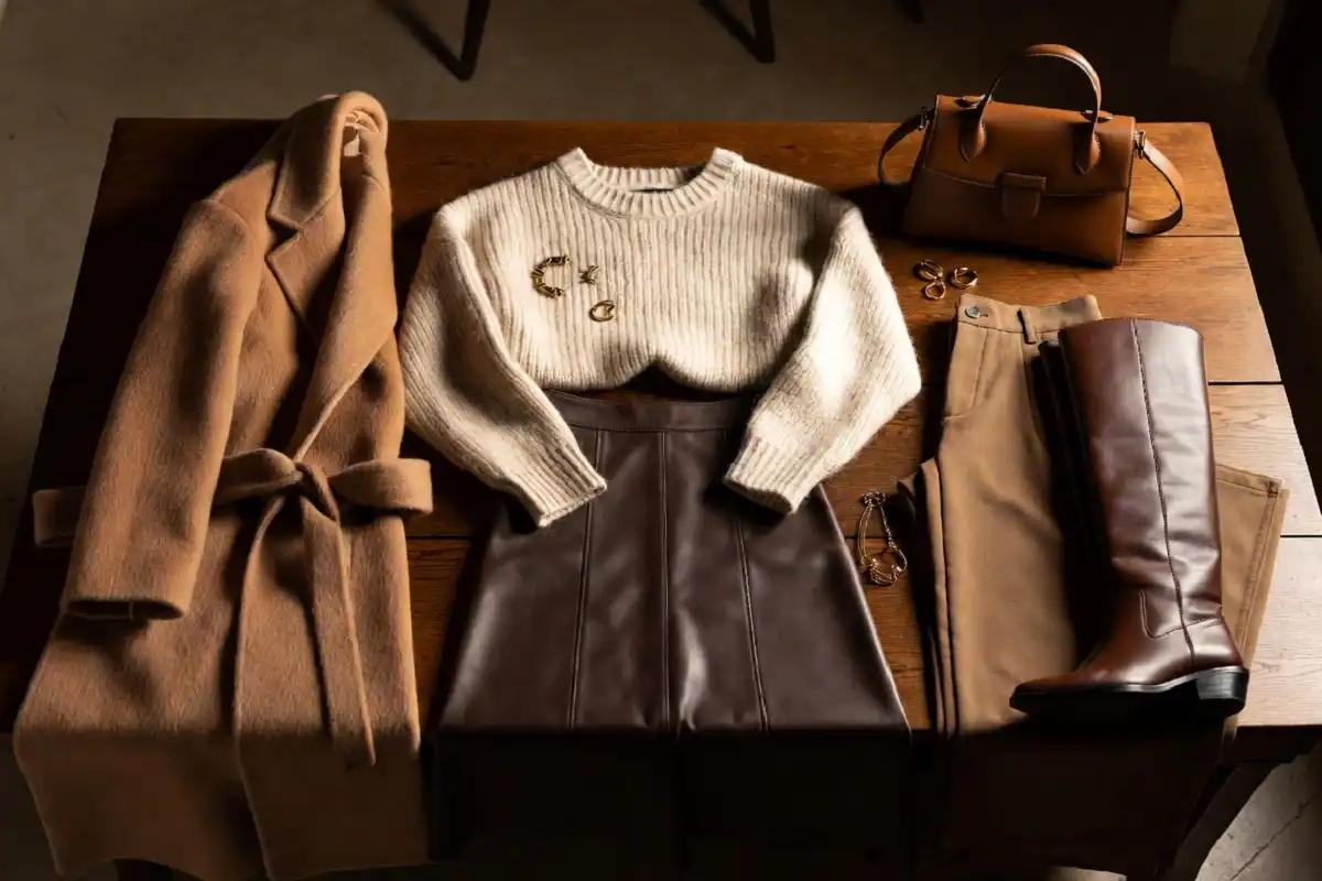 Fall 2025 capsule wardrobe essentials flat lay with boots coat and knitwear