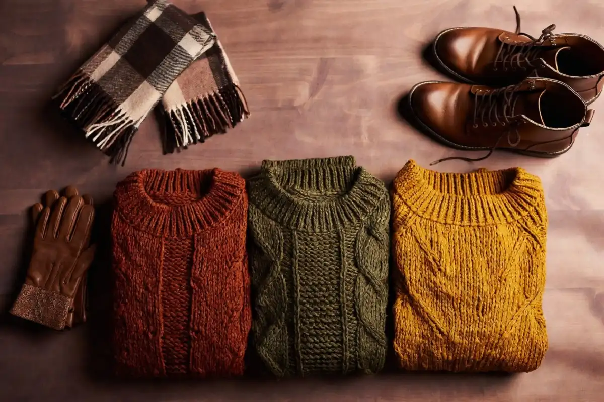 Fall fashion wardrobe flat lay with chunky knit sweaters, leather gloves, plaid scarf, and brown boots