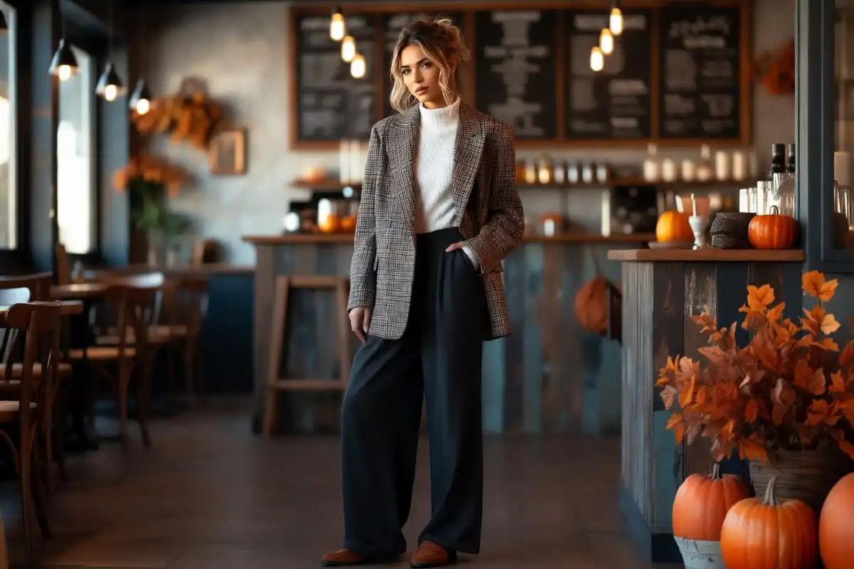 Woman in oversized plaid blazer and wide-leg trousers in a warmly lit coffee shop fall fashion setting