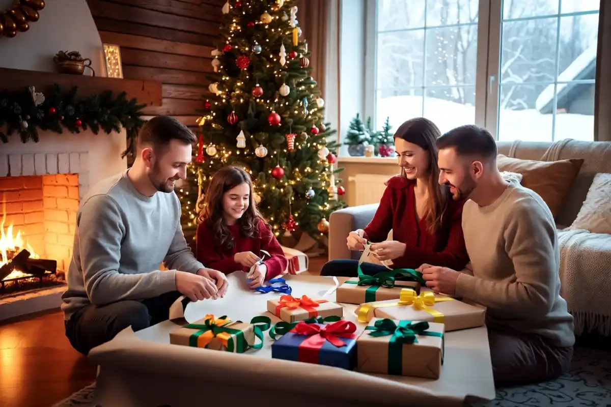 Happy family wrapping gifts during a calm festive season
