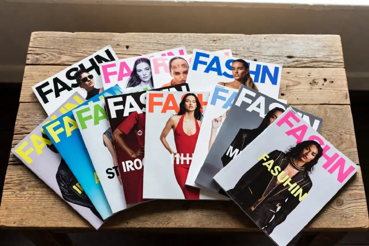 A variety of colorful fashion magazines subscriptions fanned out on a wooden surface