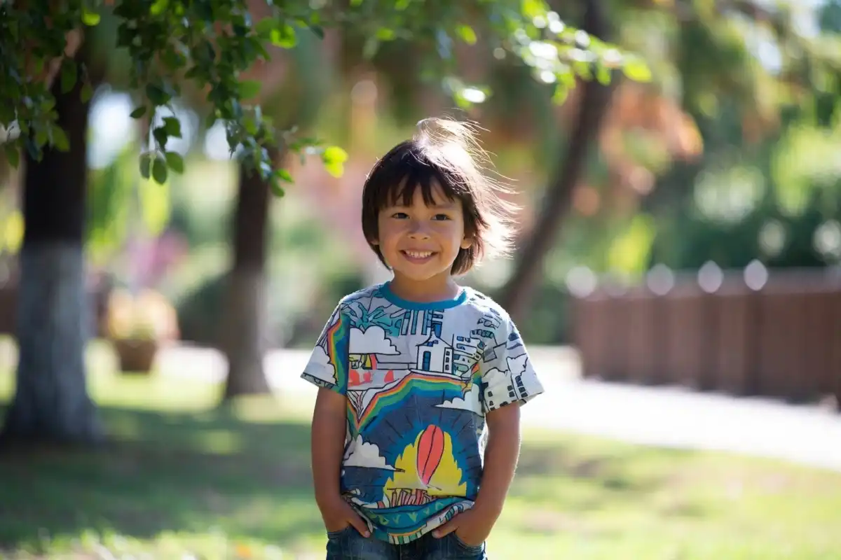 Smiling child wearing a casual graphic tee and jeans outdoors