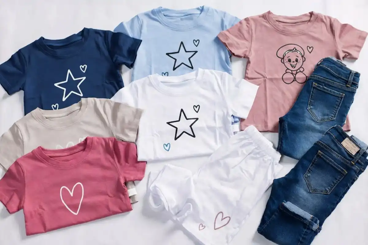 Flat lay of children's matching sets and graphic tees arranged neatly