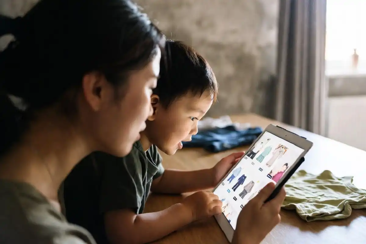 Parent and child browsing kids clothing online together at home