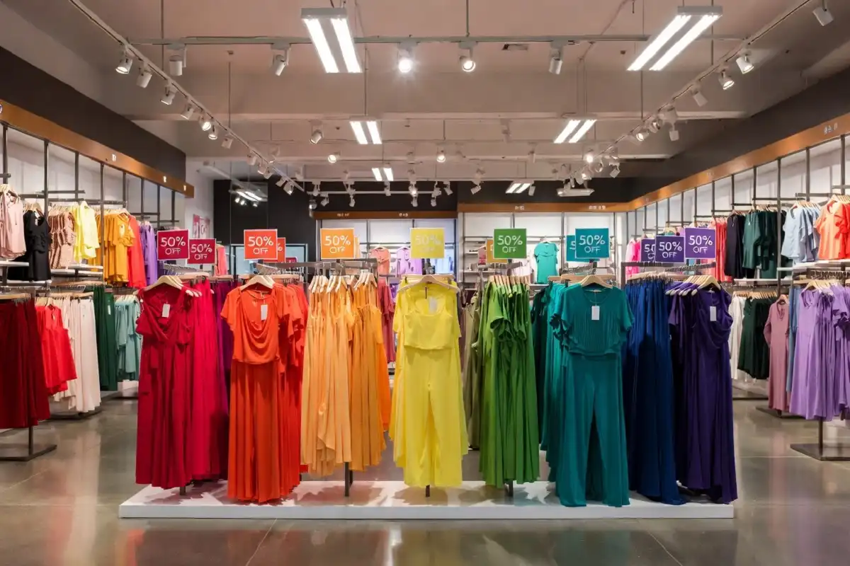 Fashion Nova sale event with colorful clothing racks and discount price tags