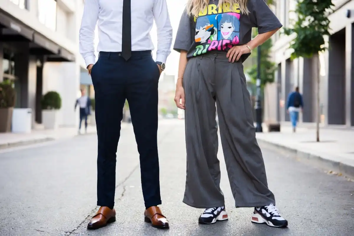 Two people in contrasting smart casual and streetwear outfits standing confidently on a city street