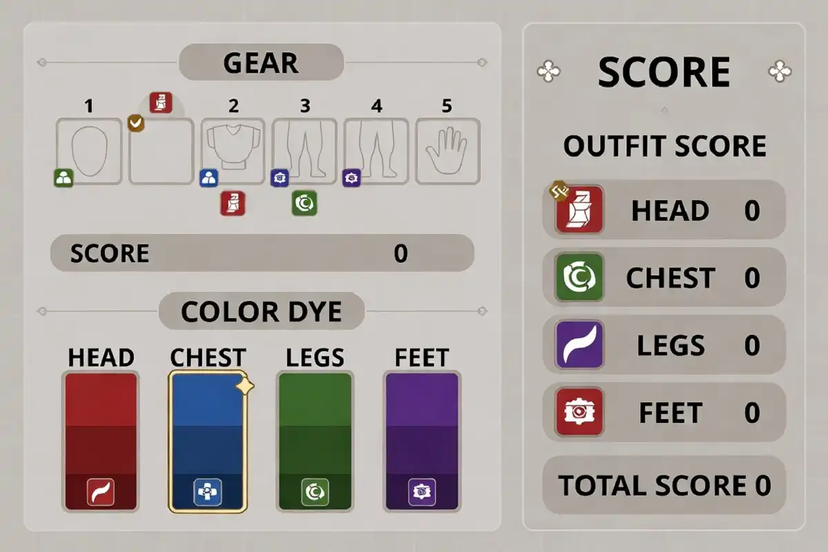 Fantasy game outfit menu showing gear slots and dye options for scoring