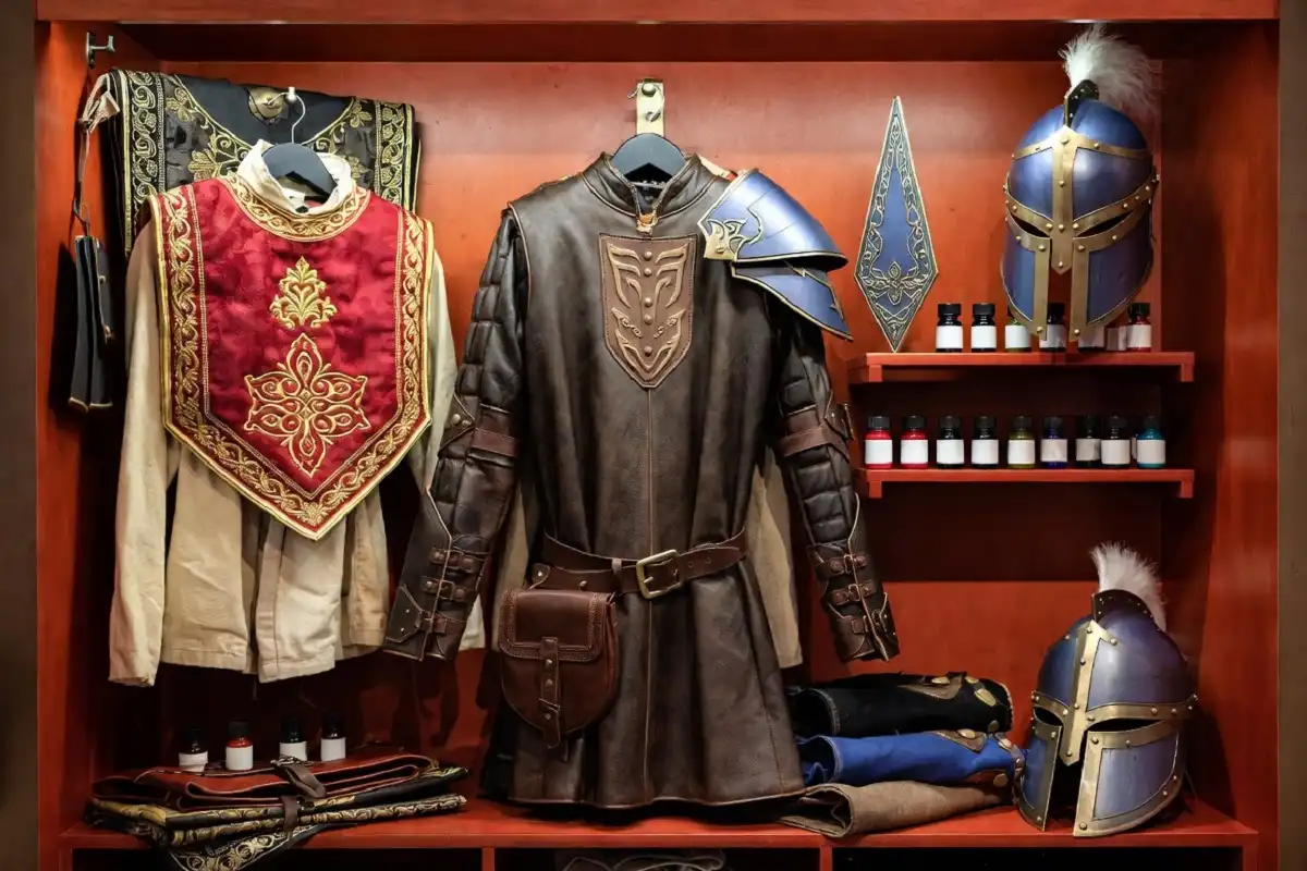 Fantasy character wardrobe with varied outfits and accessories
