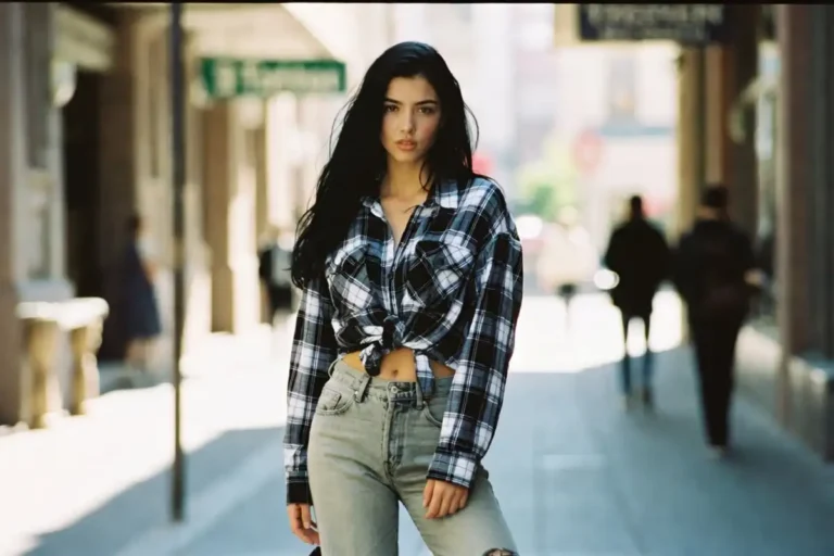 A woman wearing female 90s fashion grunge style with flannel shirt and high-waist jeans