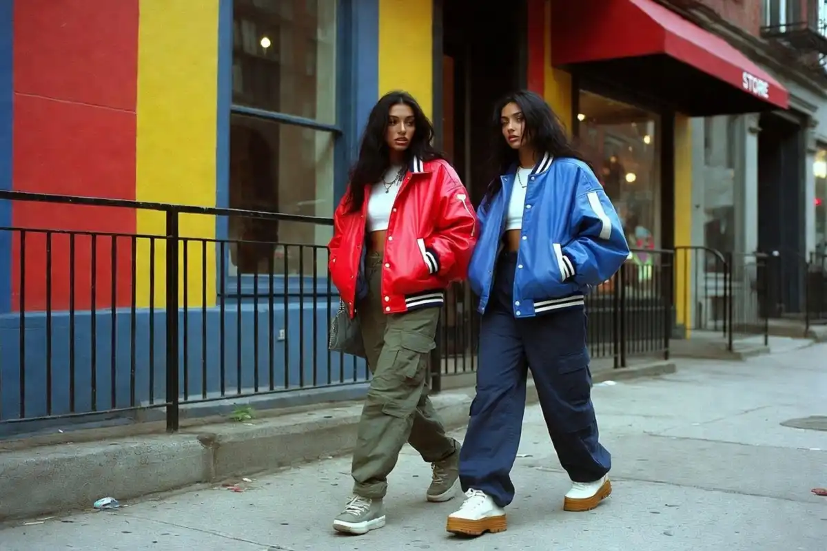 Female 90s fashion streetwear look with oversized jacket and cargo pants