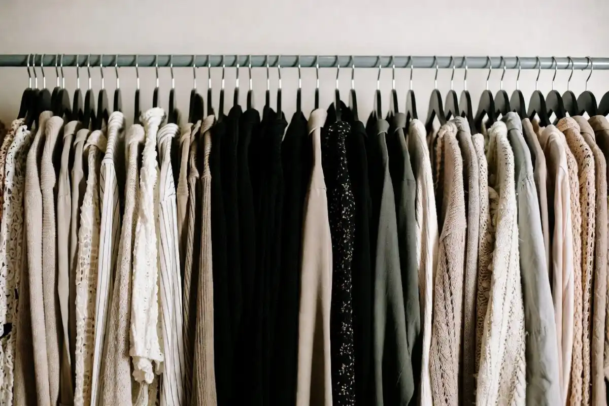 Neatly organized capsule wardrobe with neutral-toned clothing on a rail