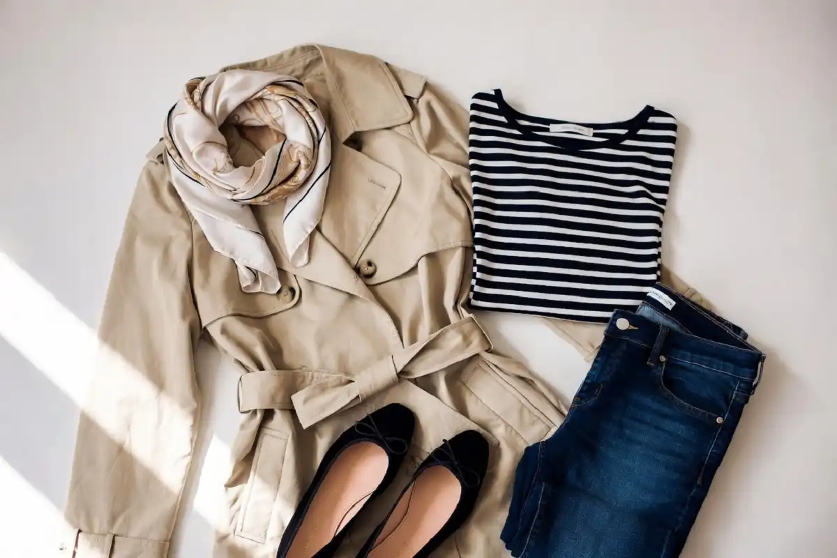 Flat lay of French wardrobe staples including a trench coat and striped top