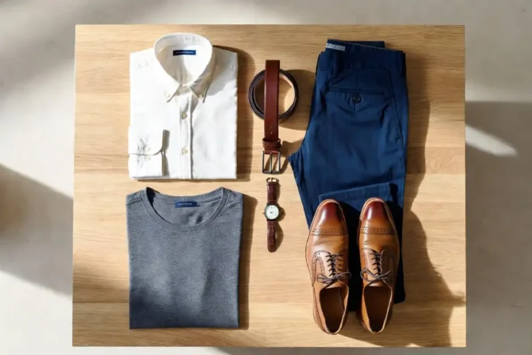 Flat lay of a frugal male fashion capsule wardrobe with neutral toned clothing