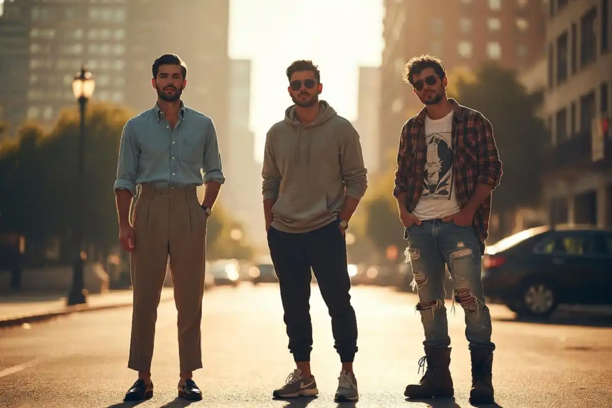 Three men representing classic, streetwear, and grunge frugal male fashion archetypes