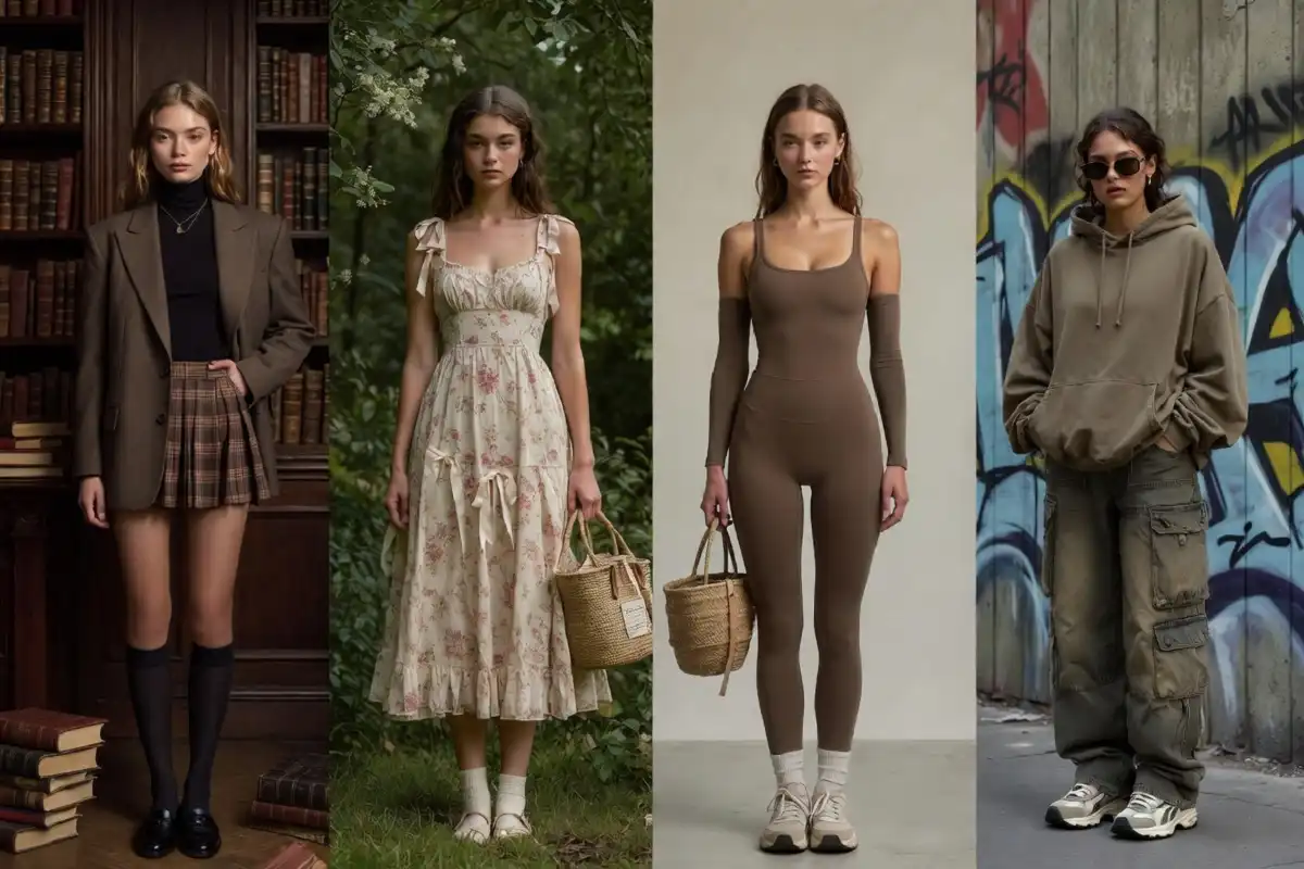 Collage showing different Gen Z fashion aesthetics including dark academia and clean girl style