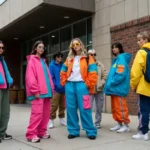 oung people wearing Gen Z fashion street style outfits with bold colors and oversized clothing