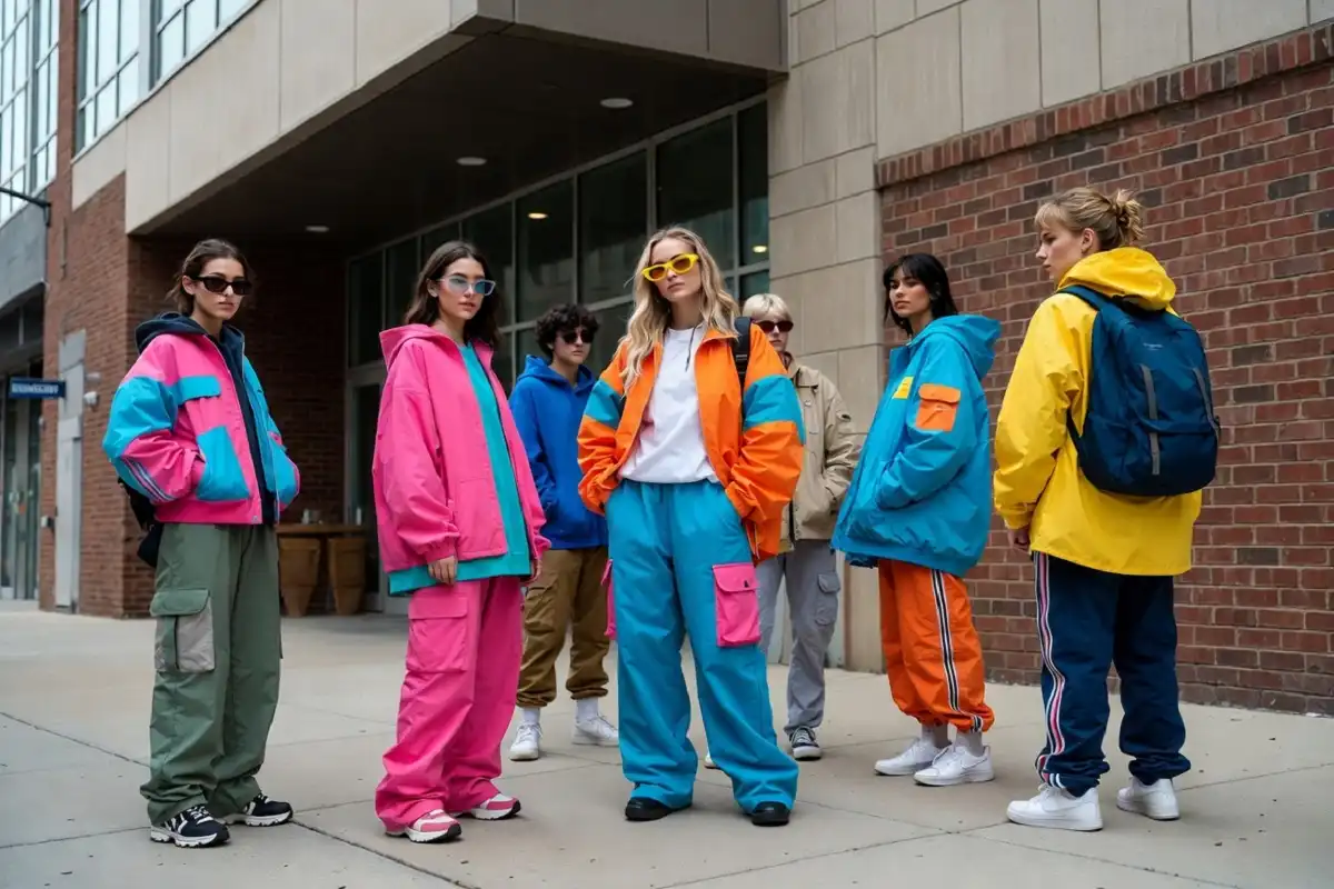 oung people wearing Gen Z fashion street style outfits with bold colors and oversized clothing