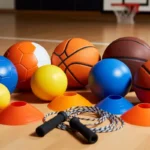 A colorful collection of gopher sports equipment including balls, cones, and jump ropes laid out on a gym floor