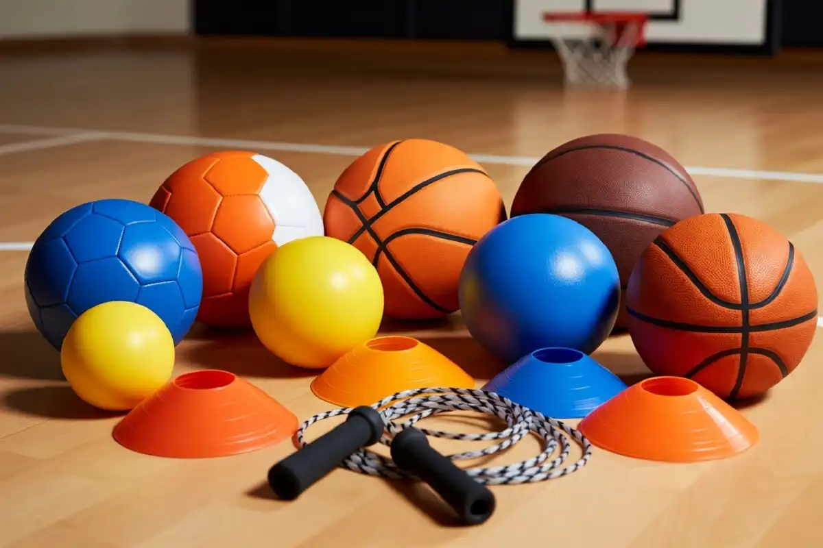 A colorful collection of gopher sports equipment including balls, cones, and jump ropes laid out on a gym floor