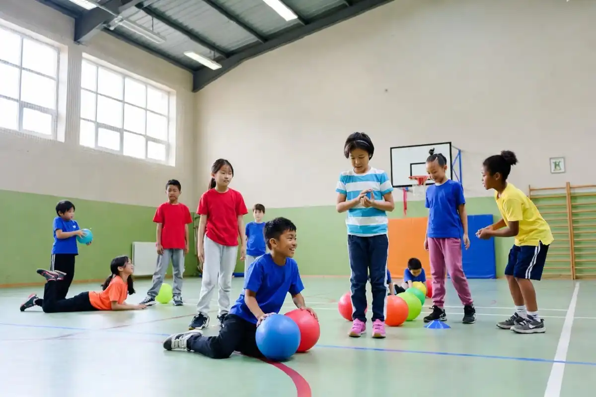 Elementary students using gopher sports equipment during a physical education class in a school gymnasium