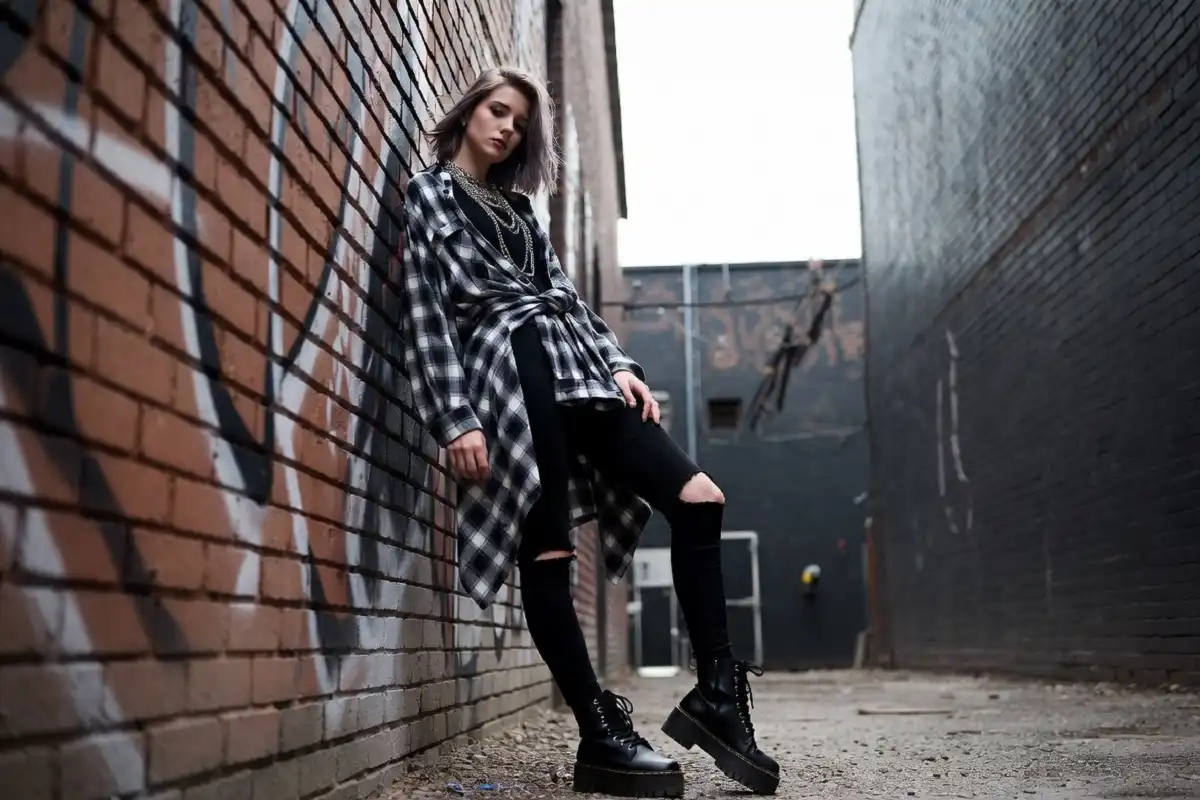 Young woman in grunge fashion outfit wearing flannel shirt, ripped jeans, and combat boots in an urban setting