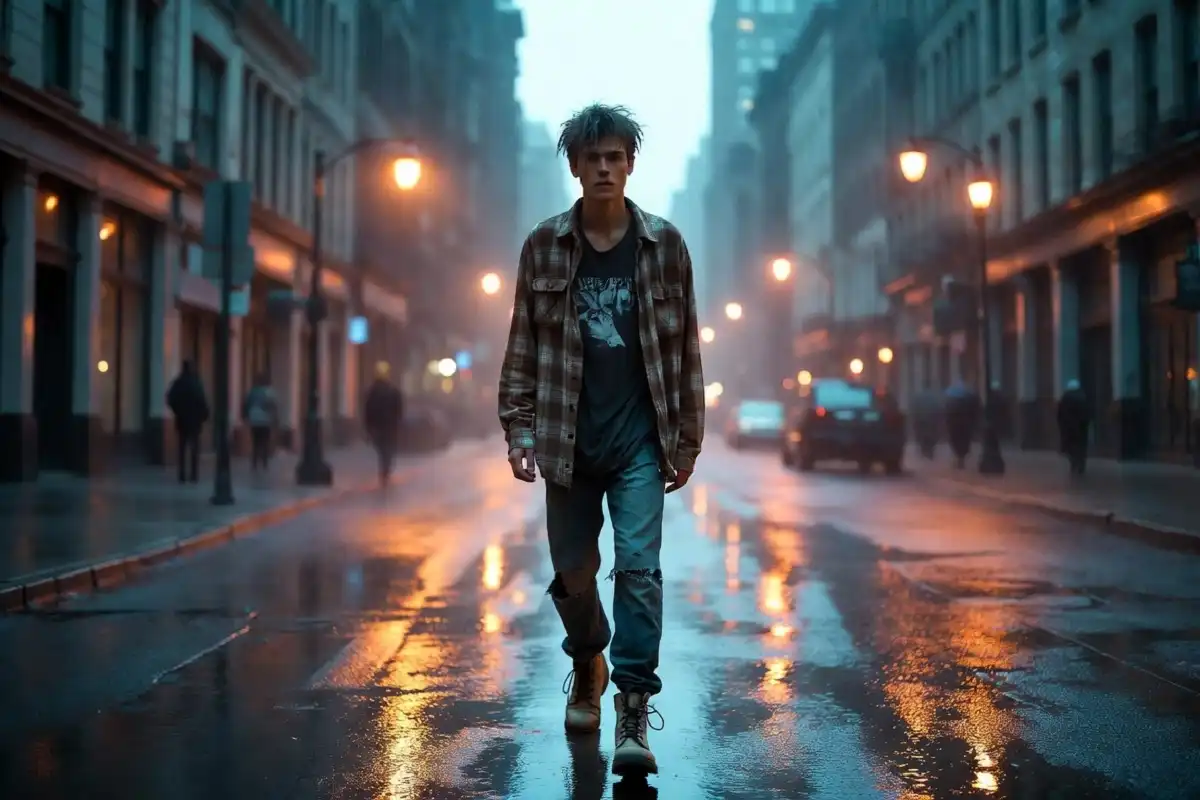 Man in grunge fashion street style wearing flannel shirt, distressed jeans, and combat boots on a city street