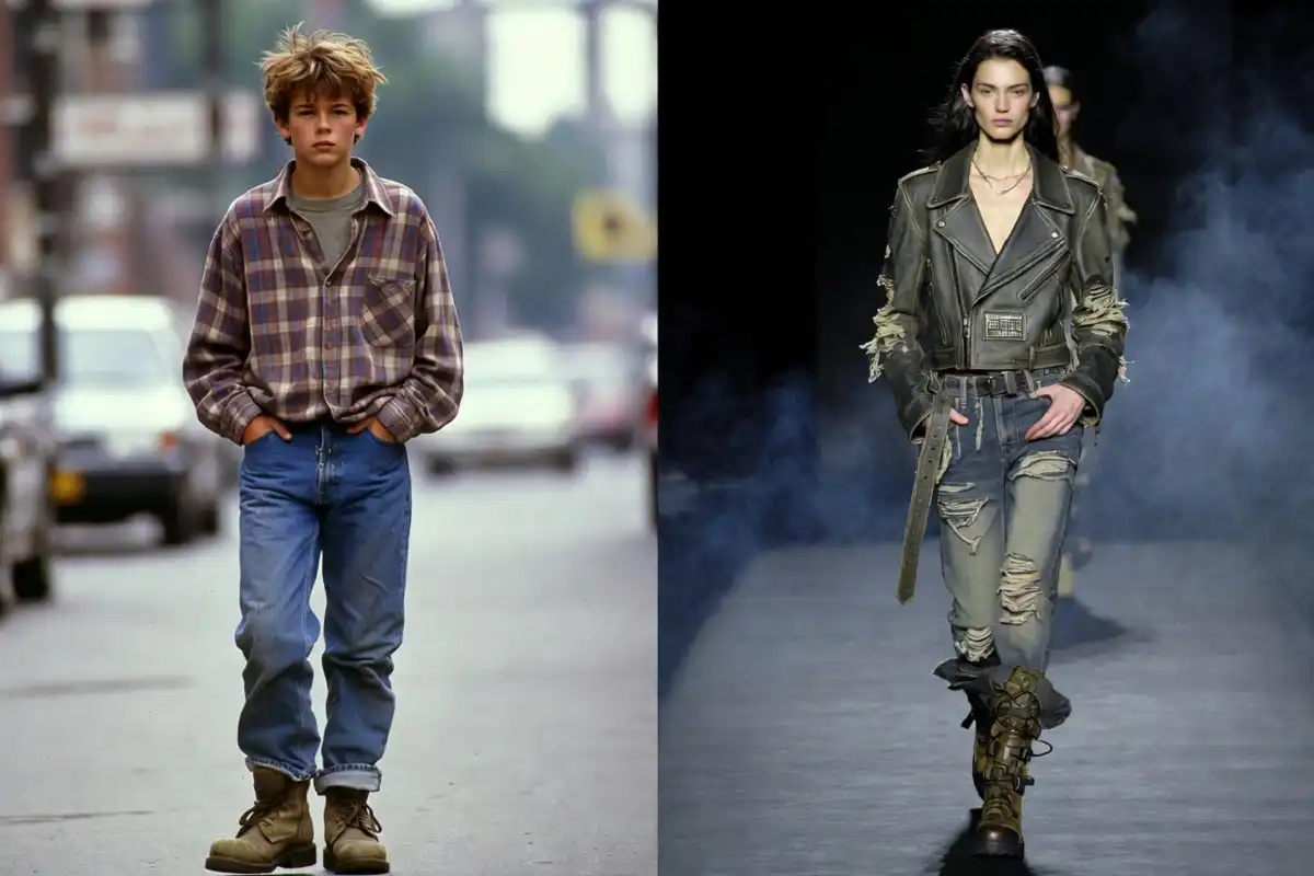 Split image showing authentic grunge fashion from the 90s alongside modern luxury runway interpretation of grunge style