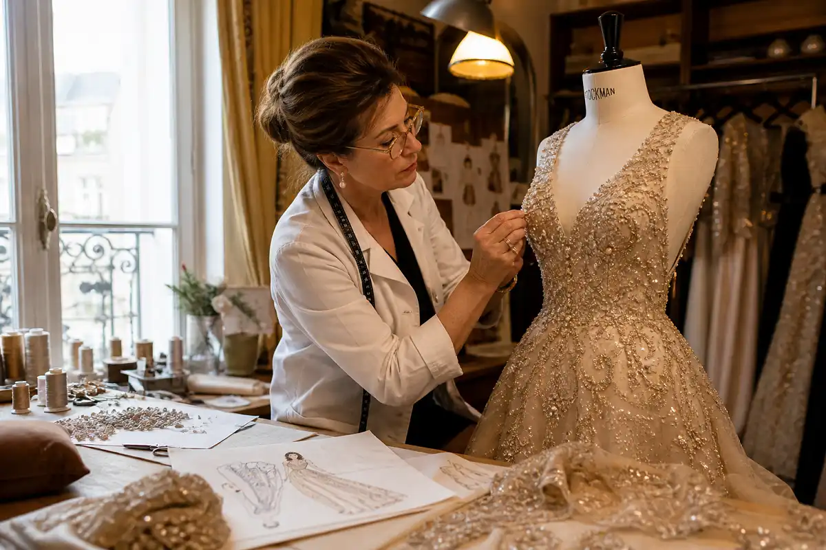 Fashion designer working on a high fashion couture gown in a Parisian atelier