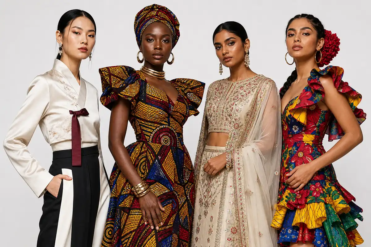 Diverse models wearing high fashion looks from global fashion cultures