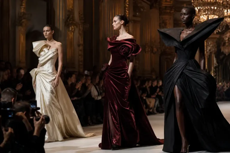High fashion runway show in Paris with models in couture gowns