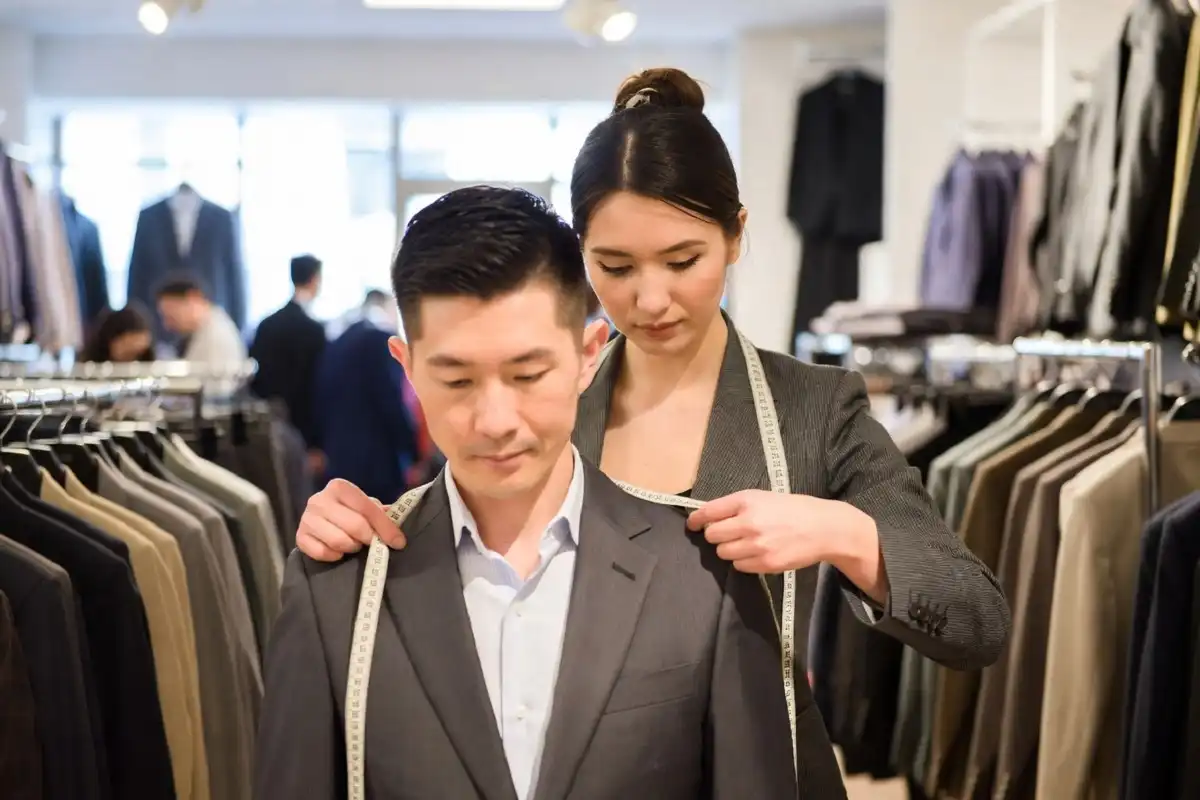 Tailor measuring a suit jacket on a customer for a proper fit