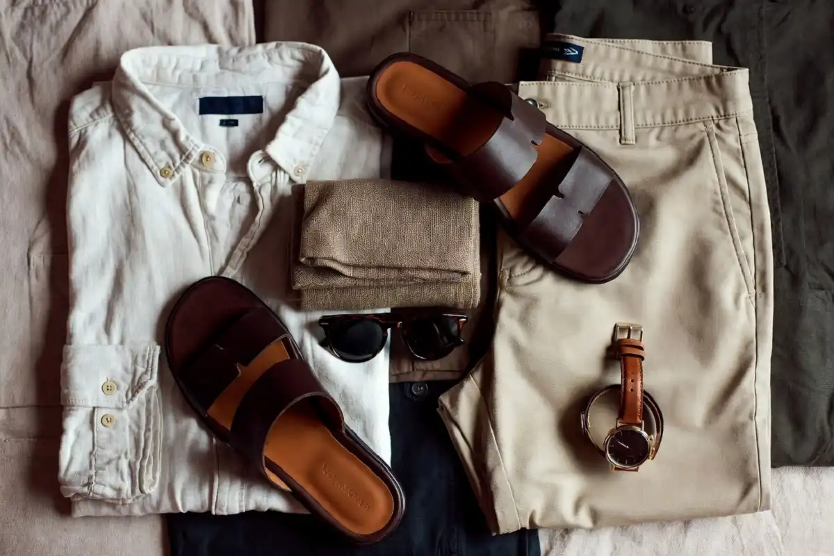 Flat lay of summer wardrobe essentials including shirts, shorts, and sandals