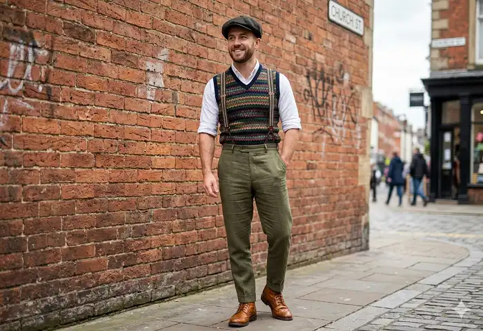 Modern man wearing 1920s mens fashion inspired outfit with flat cap and braces