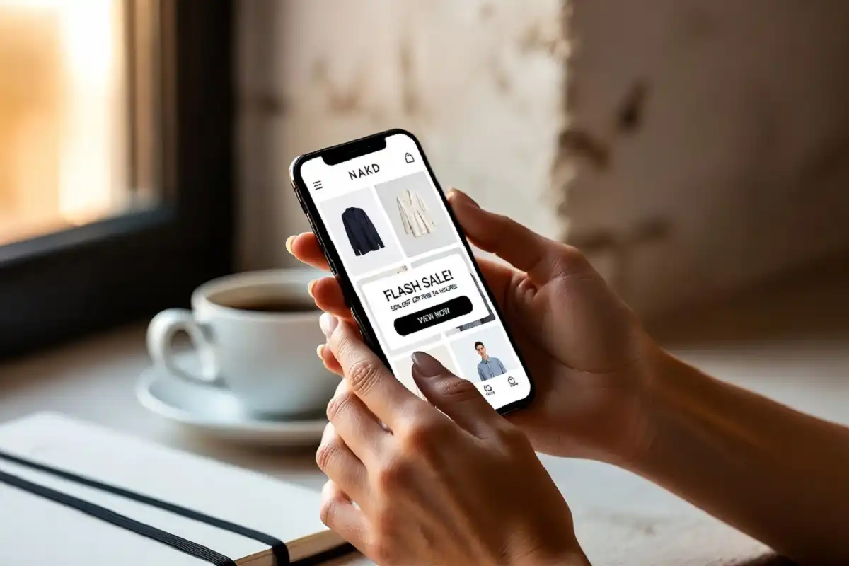 Person browsing NAKD fashion app on smartphone showing sustainable collection and discount notification
