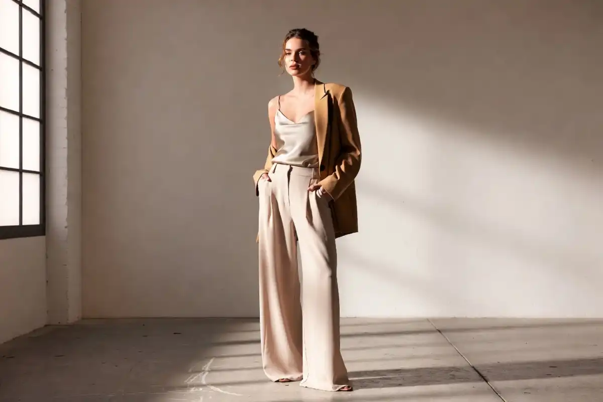 NAKD fashion neutral outfit inspiration featuring wide-leg trousers, a satin slip top, and a longline blazer