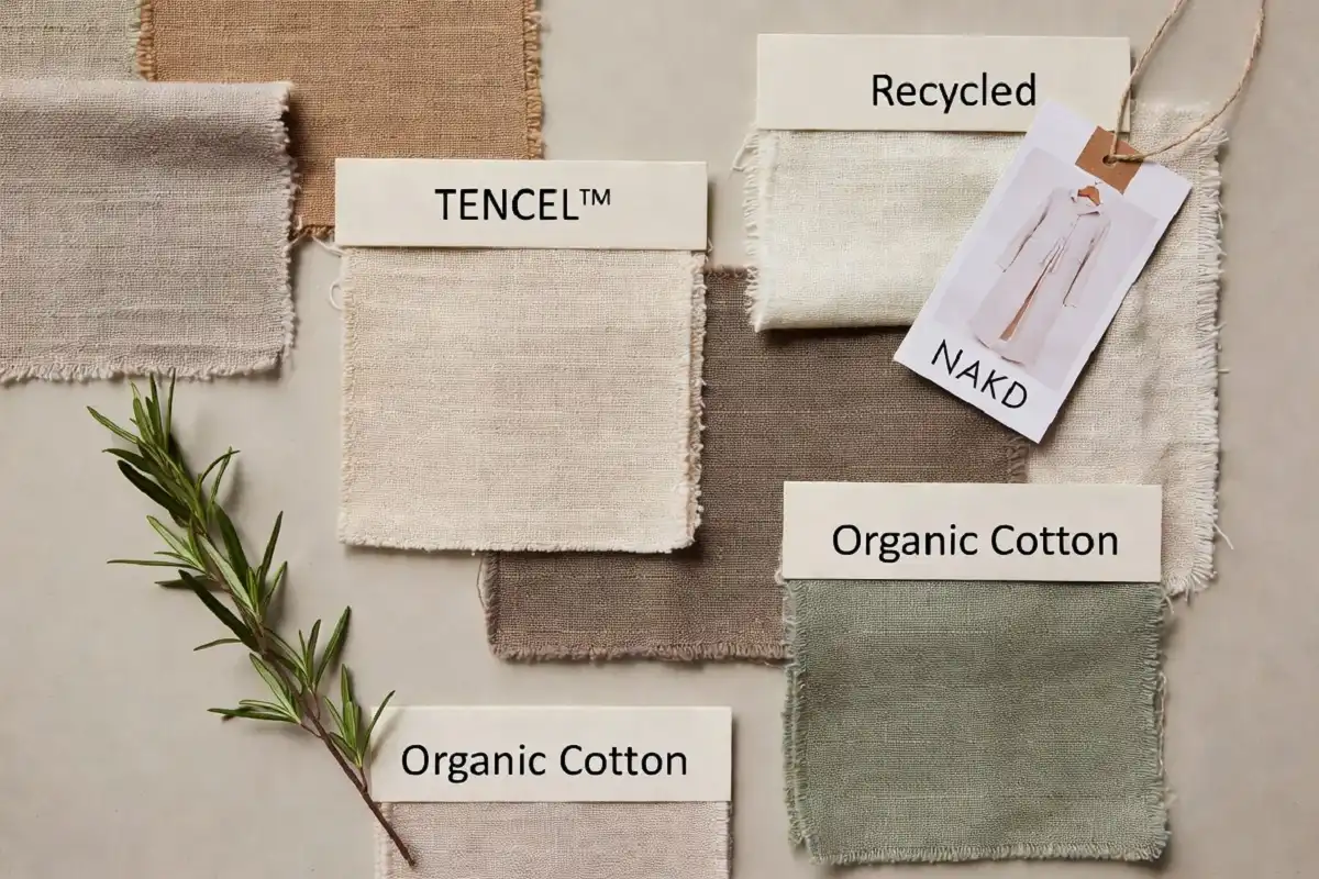NAKD fashion sustainable fabric swatches including TENCEL and recycled polyester with eco-friendly tags