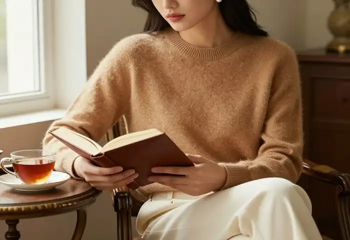 old money fashion cashmere sweater in camel tone with pearl accessories