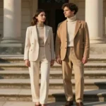old money fashion aesthetic with tailored blazer, pearl necklace, and neutral tones