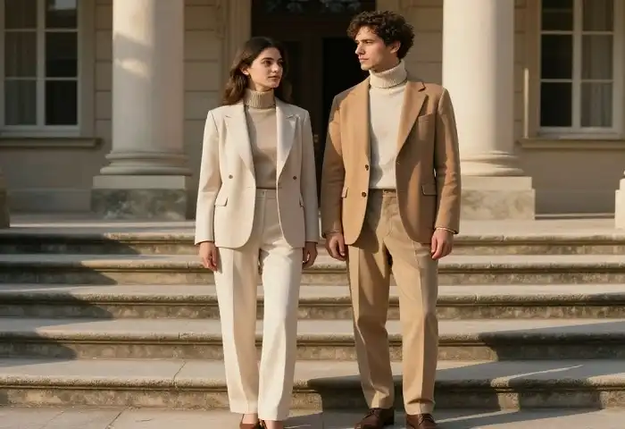 old money fashion aesthetic with tailored blazer, pearl necklace, and neutral tones