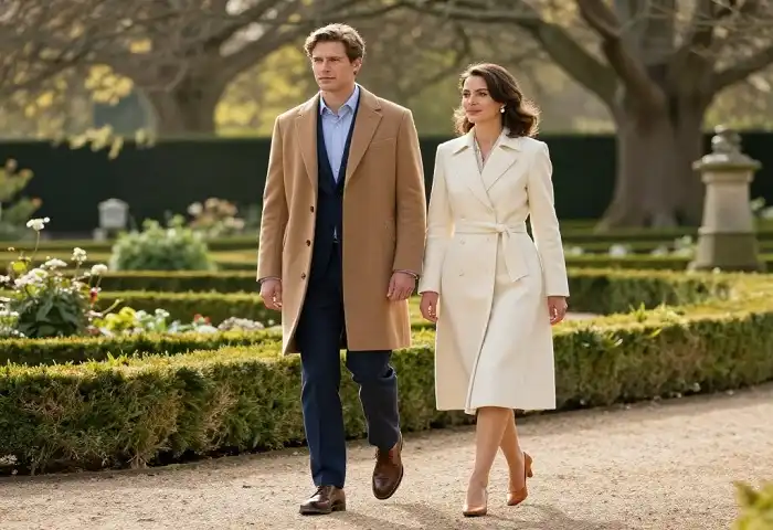 old money fashion for men and women in coordinated neutral outfits on estate grounds