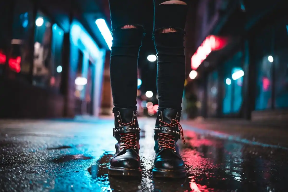 Punk fashion combat boots and Doc Martens on an urban sidewalk with torn denim