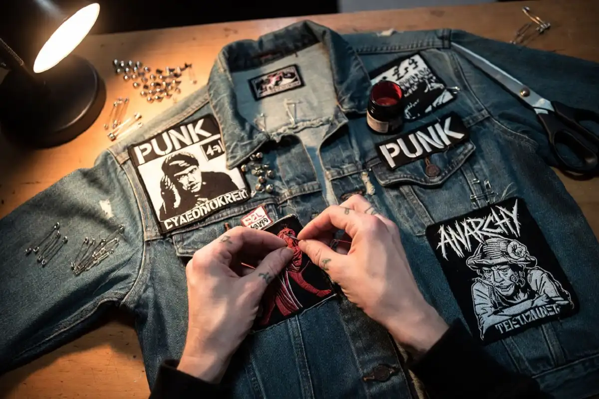 Close-up of hands sewing punk fashion patches and pins onto a denim jacket