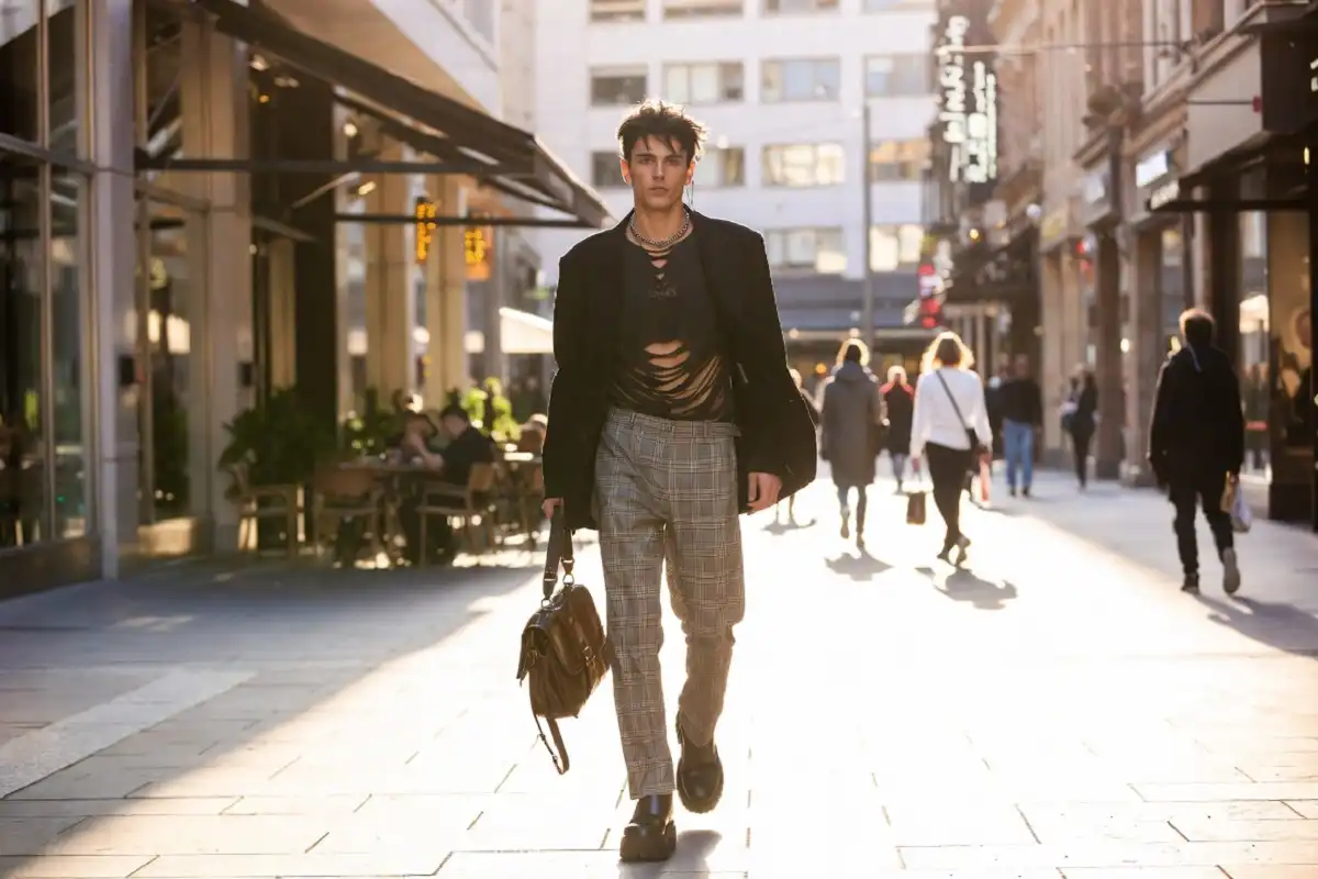 Modern punk fashion outfit on a city street combining high fashion and classic punk elements