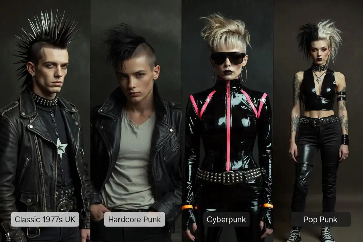 Collage of different punk fashion subgenre styles including classic punk, cyberpunk, and pop punk