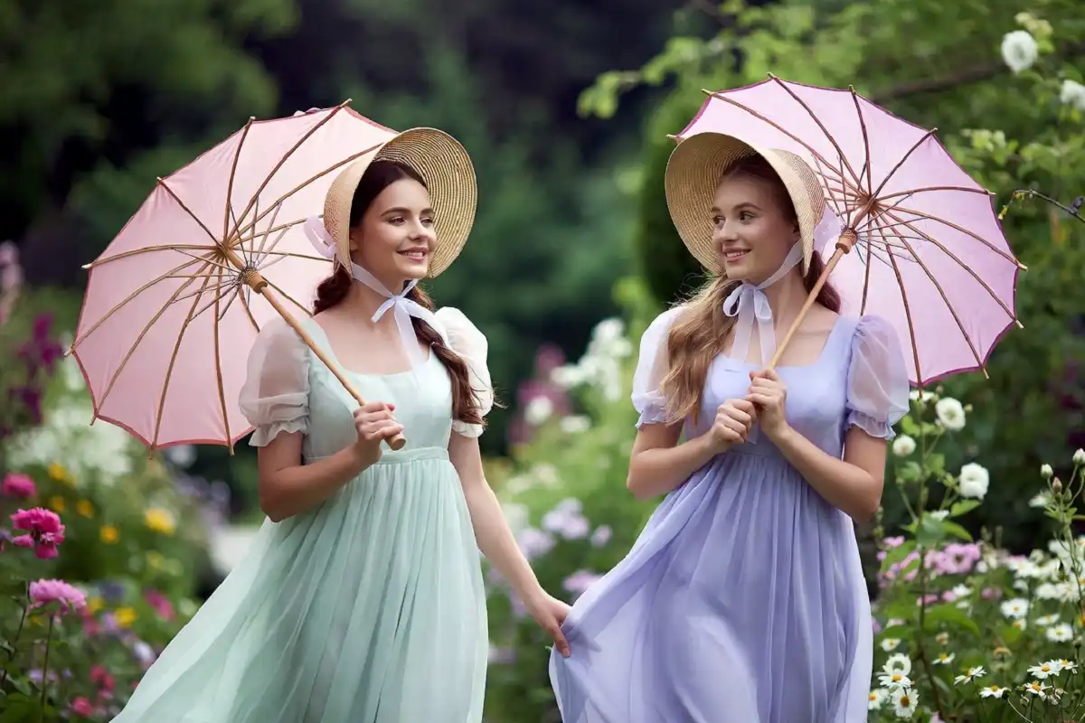 Regency-era 1800s fashion with empire-waist gowns