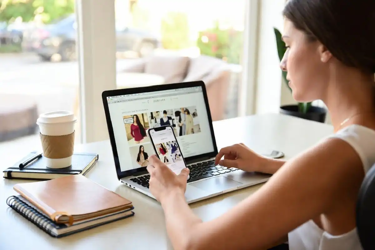 Conscious shopper reviewing sustainable fashion choices on a phone and laptop