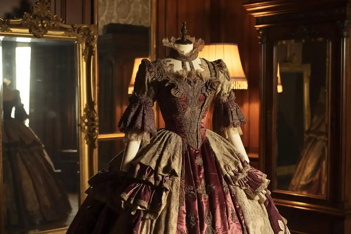 Late Victorian bustle dress on display in elegant interior